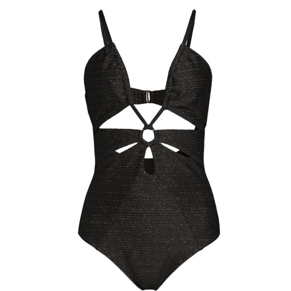 NWT Womens Time and Tru Cut-Out One Piece Swimsuit Black & Gold Size L (12-14)
